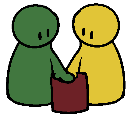 A yellow and a green figure with their hands on the same red square.
